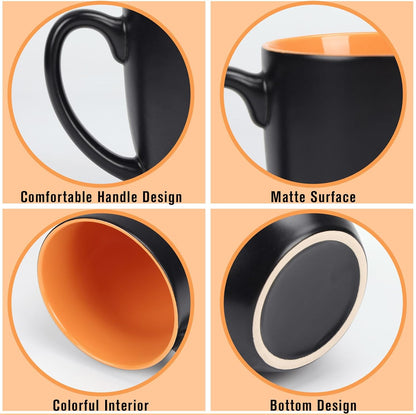 16 OZ Stoneware Coffee Mug Set of 6, Black Ceramic Mug with Different Color Inside, Colorful Porcelain Mug with Handle for Latte Espresso Cappuccino