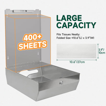 Commercial Paper Towel Dispenser Wall Mount 400-Sheet Capacity Brushed Stainless Steel Lockable Fits Multifold/Z-Fold Towels (Folded Size ≤ 10.6" x 3.9")