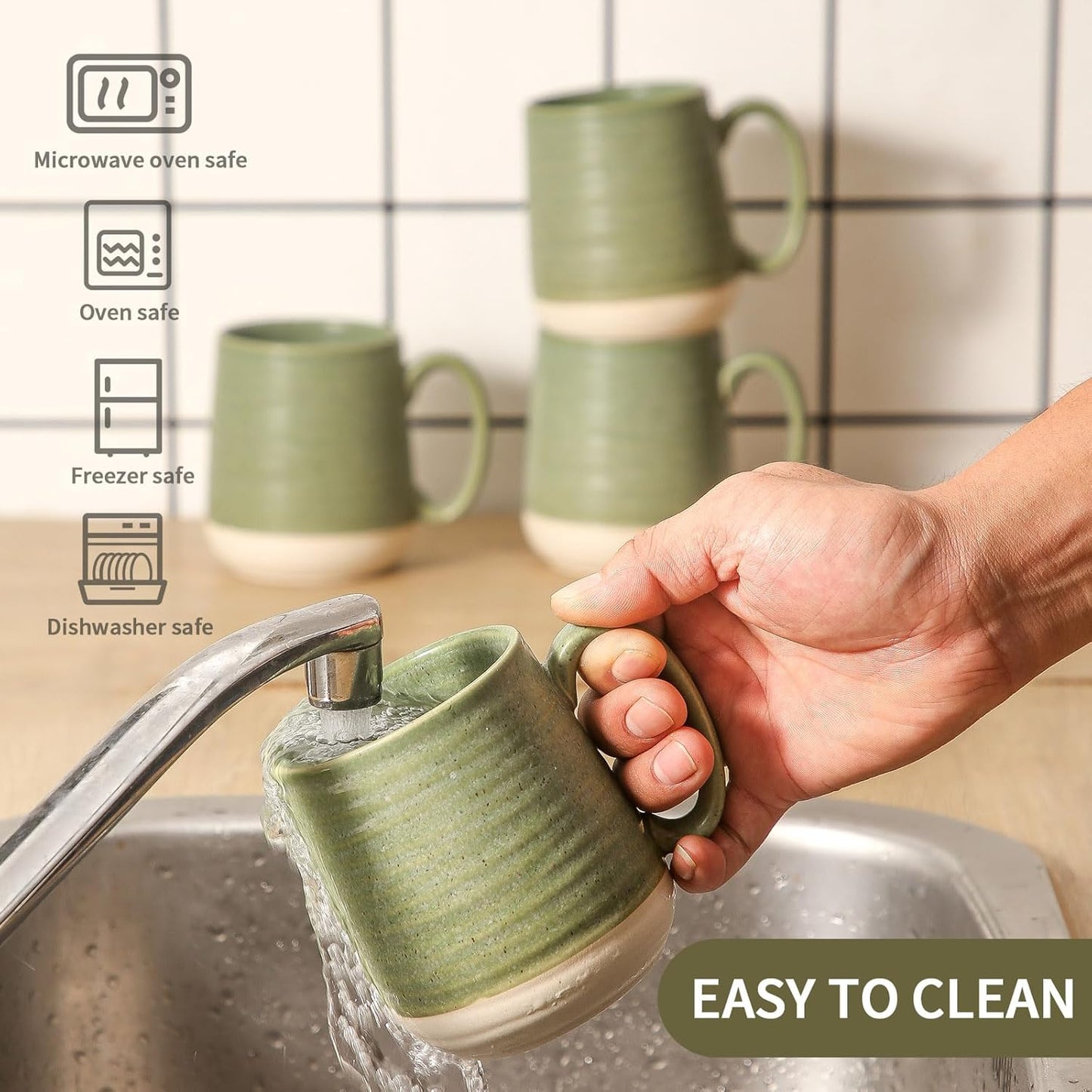 Hasense Porcelain Coffee Mugs Set of 6, 15 Ounce Large Ceramic Coffee Cups Set with Handle for Latte, Tea, Cocoa and Hot Chocolate, Green Coffee Mugs for Men and Women, Microwave Safe