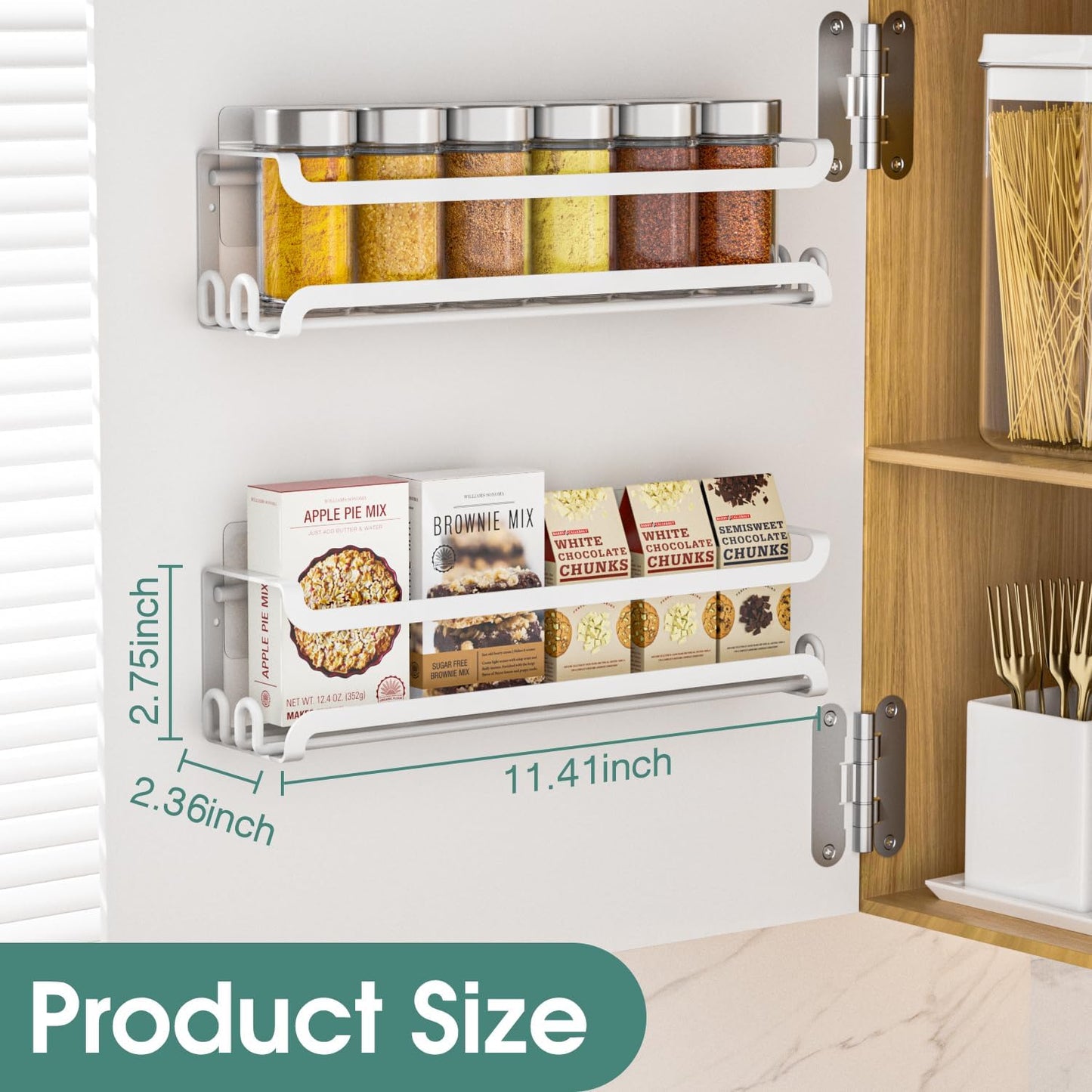 LUCYCAZ 2 Pack Wall Mounted Spice Rack with 16 Hooks, Spice Organizer Shelf for Stove Cabinet Pantry Door,Screw or Adhesive Spice Shelf Hanging Wall Spice Rack in Kitchen and RV (White, 2 PACK)