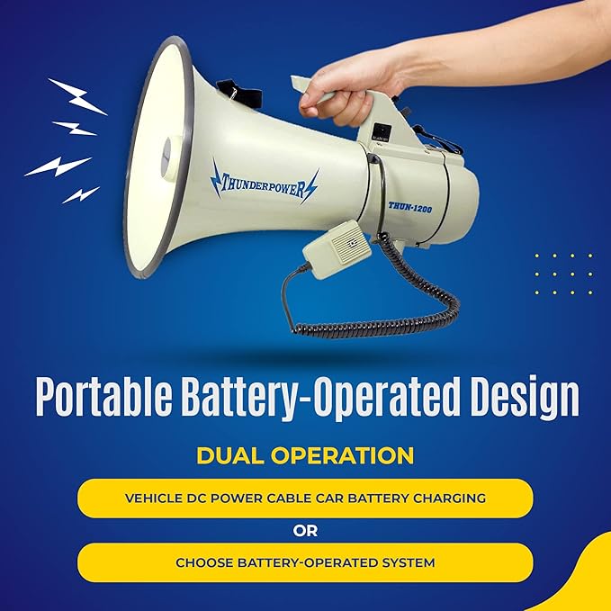 ThunderPower THUN1200 Heavy-Duty Extra-Loud Megaphone Speaker – 45 W Bullhorn Megaphone with Siren, 2,000‑Yard Range, Bell & Talk Modes - Loud Speaker Megaphones for Military and Crowd Control
