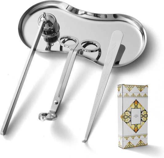 PATOISE 4 in 1 Candle Accessory Set, Candle Wick Trimmer Cutter, Candle Snuffer, Candle Wick Dipper Mini, Tray Holder in Gift Package for Candle Aromatherapy Lovers(4PCS Silver)