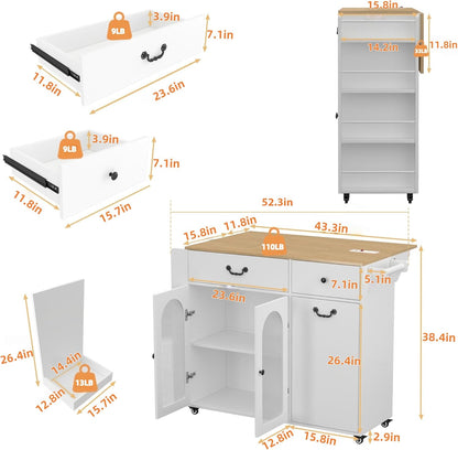 Kitchen Island with Drop Leaf & Power Outlet, Rolling Kitchen Island on Wheels with Trash Can Storage, Island Table Bar Cart with Spice Rack, Towel Rack, Drawers, Mobile Kitchen Carts on Wheels