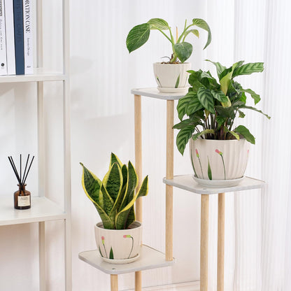 4/5/6 Inches Ceramic Plant Pots with Drainage Holes and Saucers, Round Flower Pots for Indoor Plant, Small Flower Planters Set of 3 (White Floral-Big Size)