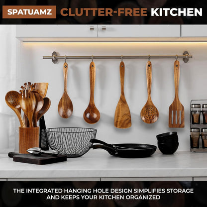 SPATUAMZ Teak Wood Spoons for Cooking, Elegant Wooden Cooking Set of 10, Excellent Kitchen Cooking Utensils Set for Home