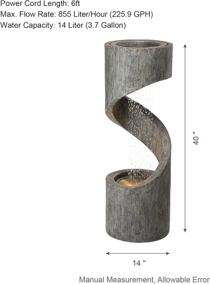 Glitzhome Tiered Outdoor Water Fountain with LED Light, Modern Spiral Outdoor Fountain with Stone Planter, Freestanding Curved Waterfall Fountains for Garden Patio Deck Porch, 40”H