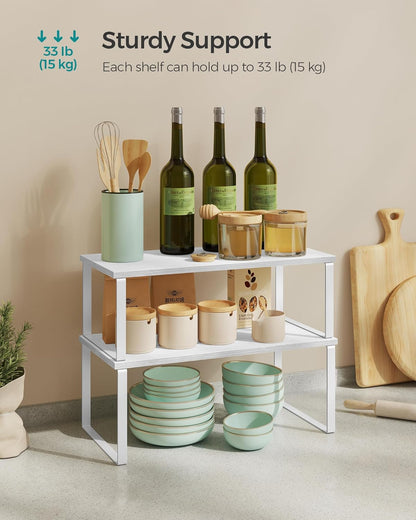 SONGMICS Cabinet Organizer Shelf, Set of 2 Kitchen Counter Shelves, Kitchen Storage, Spice Rack, Stackable, Expandable, Metal and Engineered Wood, Cloud White and Snow White UKCS025W01