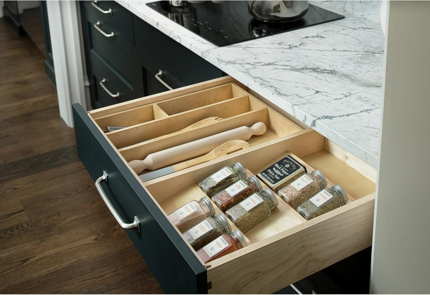 Rev-A-Shelf 16" 3 Tiered Seasoning Organizer, Trim-to-Fit Wooden Kitchen Draw and Cabinet Home Storage Insert, Pull Out Spice Rack, Maple, 4SDI-18