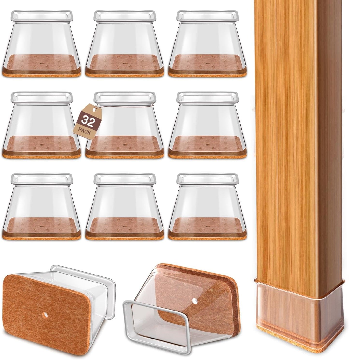 Chair Leg Floor Protectors Rectangle Chair Leg Protectors for Hardwood Floors Silicone Caps Felt Furniture Pads Covers Anti-Scratch Reduce Noise 32 Pack Clear Fit Perimeter 5" to 5‑7/8"