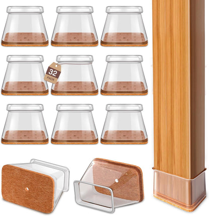 Chair Leg Floor Protectors Rectangle Chair Leg Protectors for Hardwood Floors Silicone Caps Felt Furniture Pads Covers Anti-Scratch Reduce Noise 32 Pack Clear Fit Perimeter 3-3/4'' to 4-7/8''