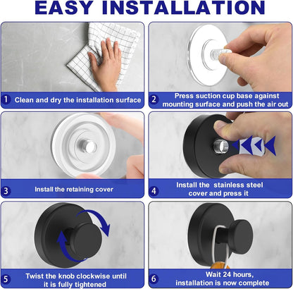 Suction Cup Hooks for Shower, Removable Towel Hooks for Bathroom Window Glass Door Wall, Bath Robe Looafh Hook for Hanging - 4 Pack, Black