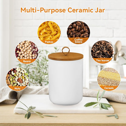 Canister Sets for Kitchen,Ceramic Kitchen Canisters for Countertop with Airtight Wood Lids for Serving Ground Coffee, Tea, Spice, Grains, Sugar, Salt (White Pack of 3 (8.7/27/44 Oz))