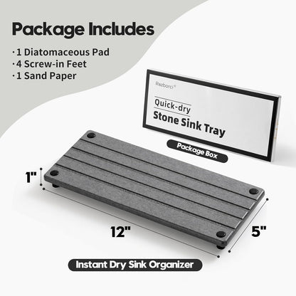 Instant Dry Sink Caddy Kitchen Sink Organizer, Quick Drying Stone Tray Diatomite Sponge Holder Soap Dish, Bathroom Countertop Fast Dry Water Absorbing Vanity Rack, Dark Gray,12" x 5"