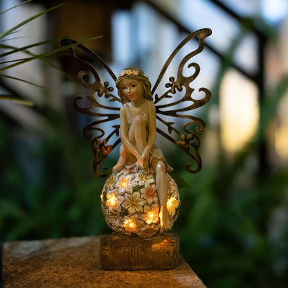Flower Fairy Garden Decor,Garden Fairy Statues Outdoor,Solar Powered Outdoor Fairy Figurine Accessories,Patio Lawn Yard Porch, Resin Ornaments for Outside Gifts,9.45 Inches Tall