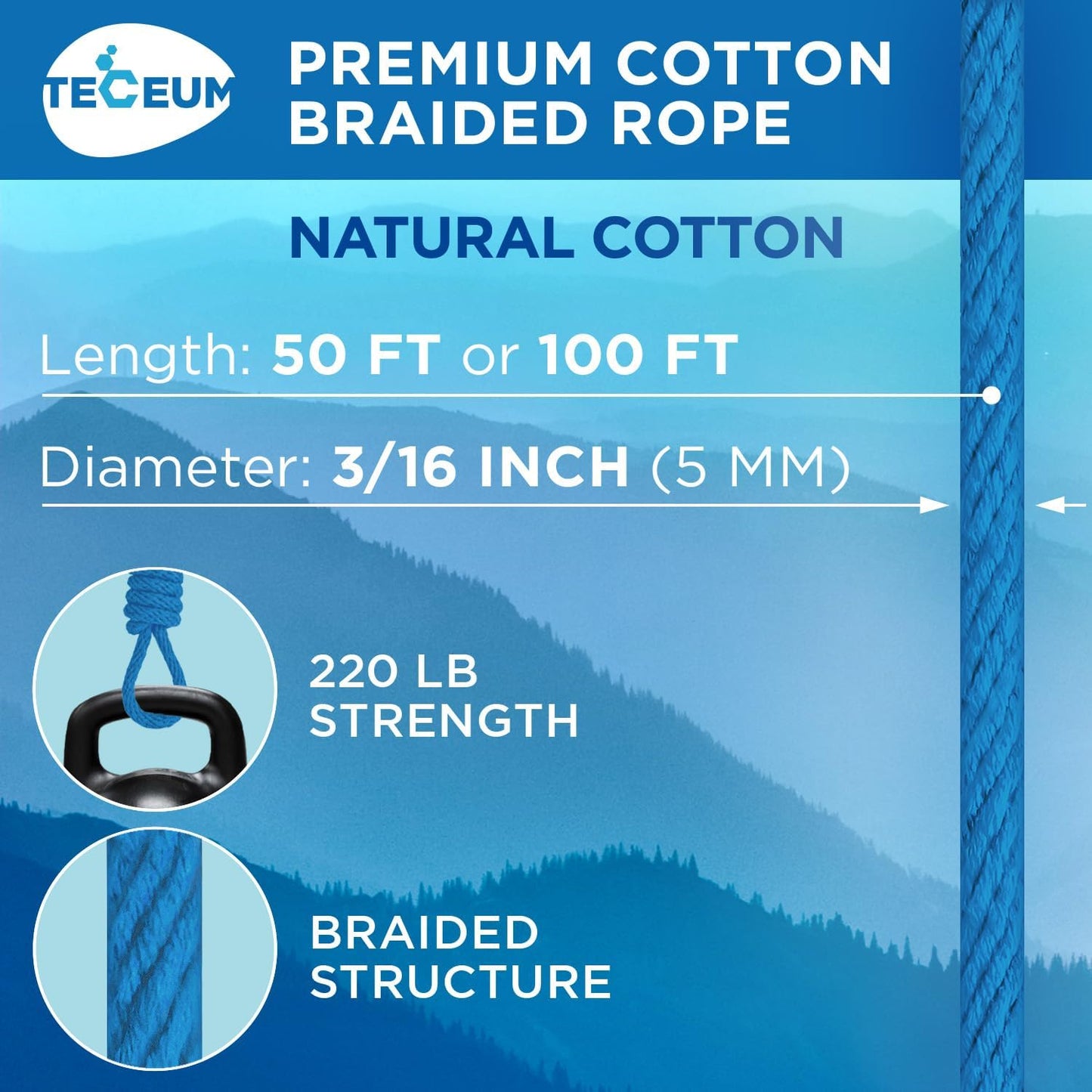 TECEUM Cotton Rope 3/16” (5 mm) – 100 FT – Strong All-Purpose Braided Rope – Natural Cotton – for Crafting, Сamping, Clothes Line, DIY, Indoor & Outdoor Use – Sky Blue