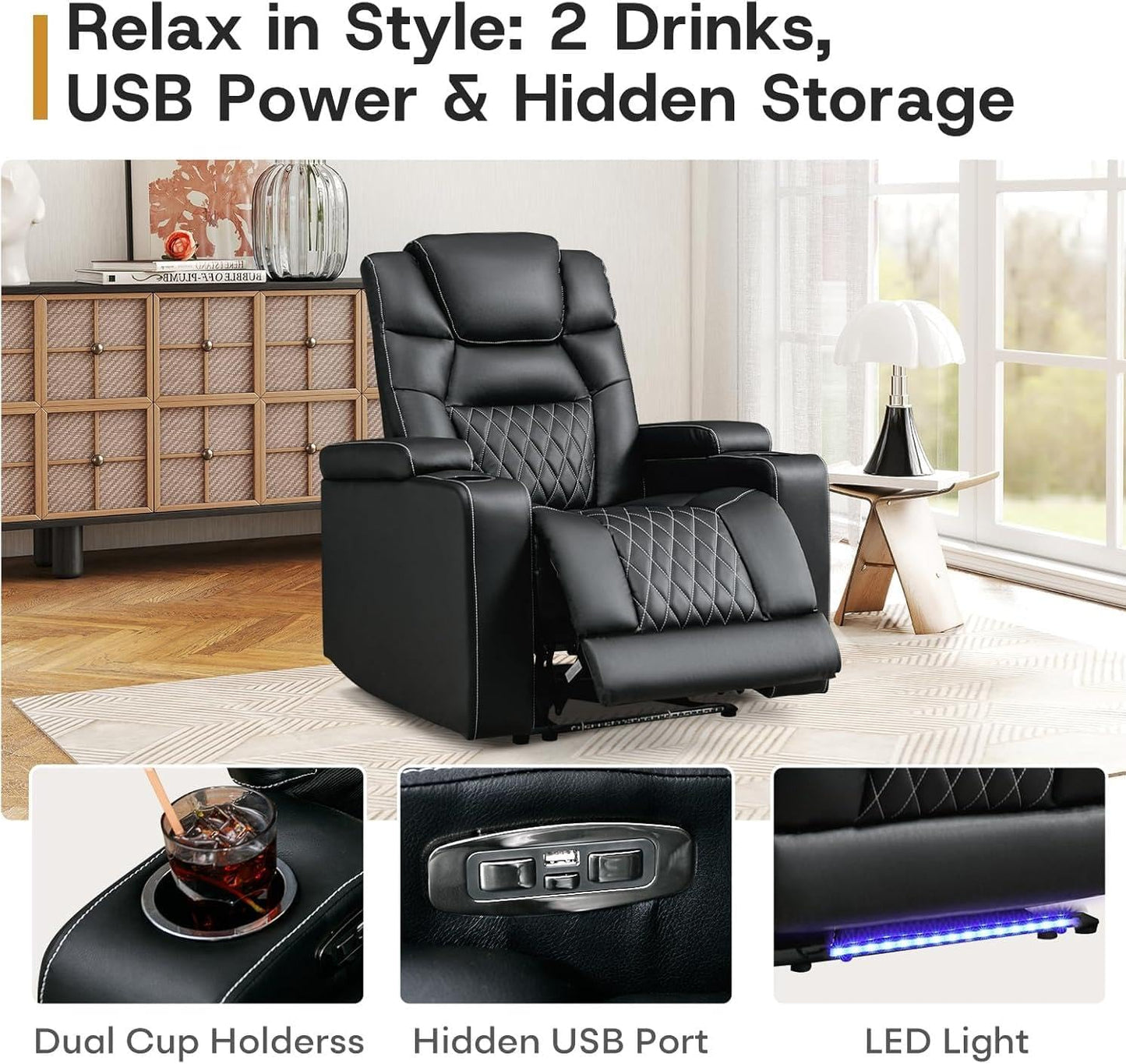 ANJ Power Home Theater Recliner Chair Set of 2, Electric Movie Theater Seating Reclining Chairs with Cup Holders for Living Room, Faux Leather with Blue LED, USB Ports, Hidden Arm Storage (Black)