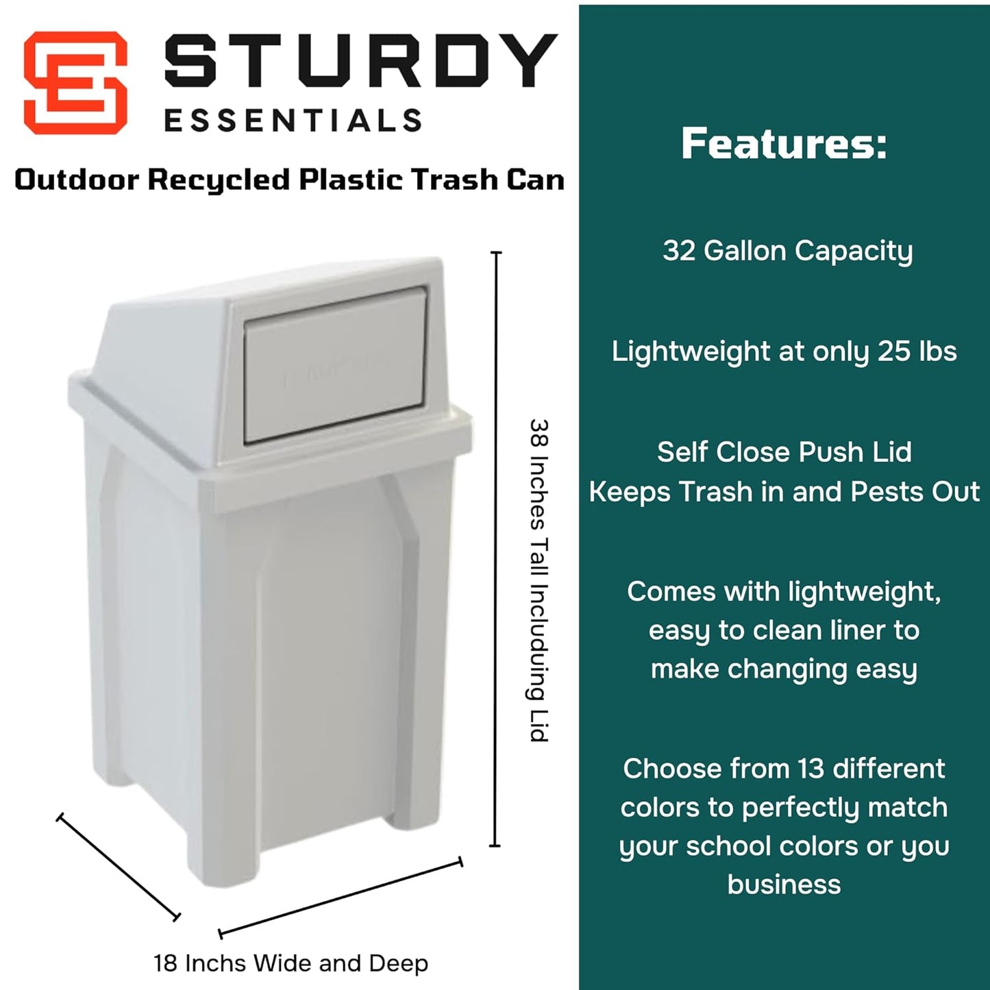 32 Gallon Square 100% Recycled Plastic Heavy Duty Outdoor Trash Can with Push Lid - Great for Schools and Businesses - White