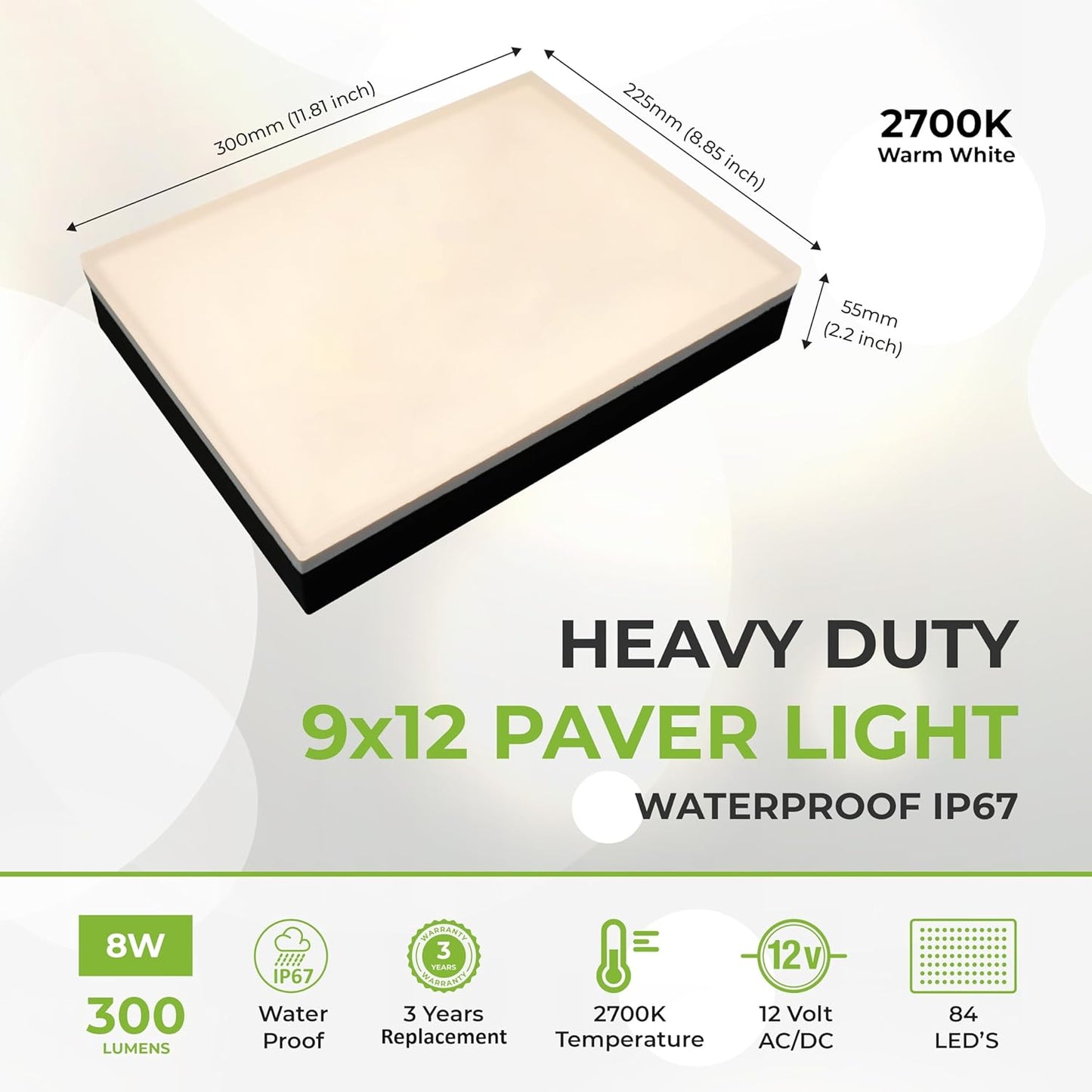 LUMENGY Paver Light 9×12 Inch (8.85 inch X 11.81 inch), Warm White Glare-Free Illumination for Driveways, Pathways, Pool Deck & Patios,12V AC/DC, Waterproof & Drive-Over Rated