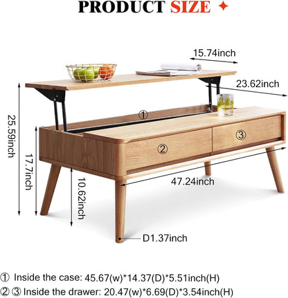 100% Solid Wood Lift Top Coffee Table for Living Room, Mid Century Modern Tables with Drawers and Large Storage, Oak Coffee Tables for Small Spaces (Oak Wood Log, 47.24" W x 23.62" D x 25.59" H)