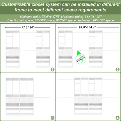 Closet System, Up to 134"/11.2 FT Closet Organizer with 4 Wooden Drawers and Shelves, Walk-in Closet System with 6 Hanging Rods, Built-in Closet Can Fit 96"/8FT, 120"/10FT, White