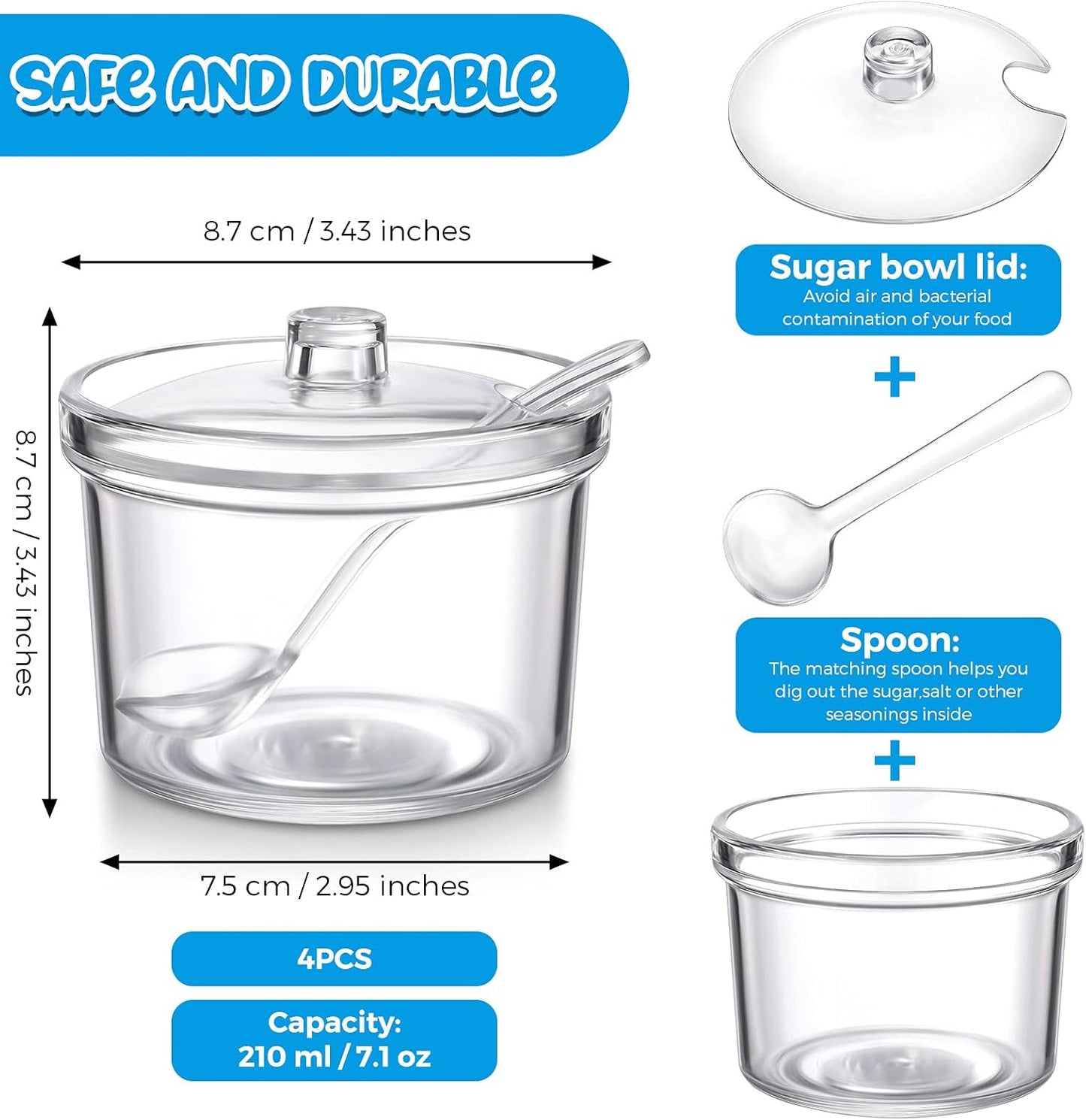 Patelai 4 Pieces Sugar Bowl Acrylic Clear Sugar Bowl with Lid and Salt Spoon Storage Jar with Airtight Lid for Salt, Tea, Spices, Herbs, Condiments(7.1 oz)