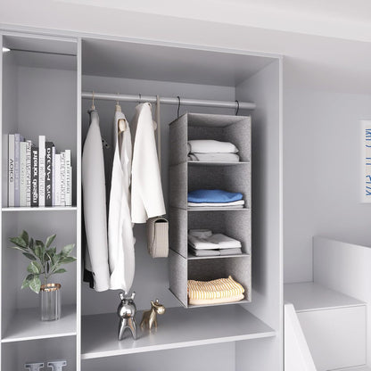 Hanging Closet Organizer, Easy Mount Collapsible 4-Shelf Camper Closet Wardrobe Hanging Storage Shelves, Folded Clothes Towels Handbag Shoes Accessories Storage, Linen Cloth, Gray