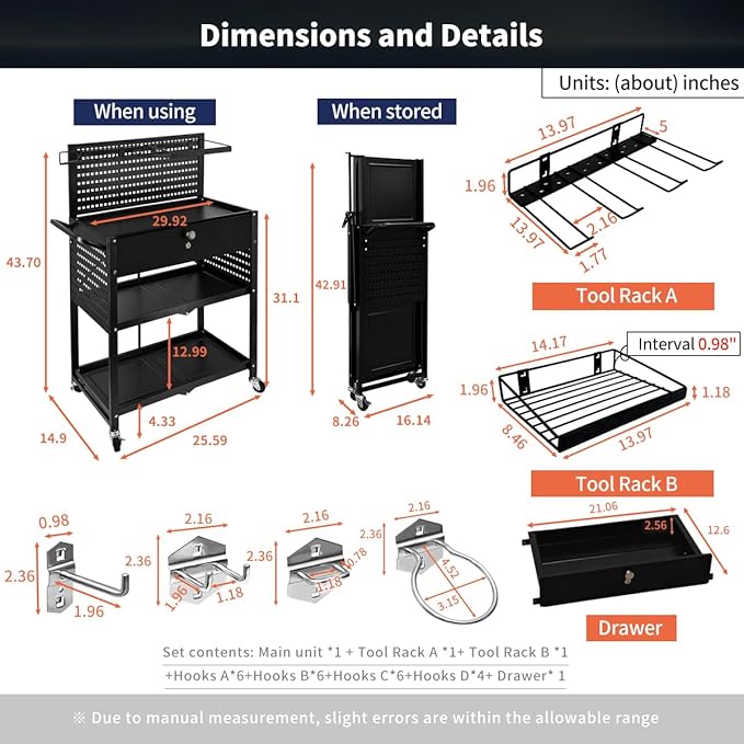 Lumizone Folding Tool Cart with Drawer and Pegboard Hooks Rolling Utility Service Cart on Wheels for Garage Organizer Foldable Power Tool Storage Heavy Duty Steel (Tool Cart with Drawer+Hooks)