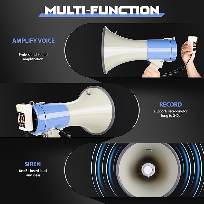 MyMealivos Bluetooth Megaphone with Siren Bullhorn 50 Watt Bullhorn Speaker with Detachable Microphone, Portable Lightweight Strap & 3.5mm Aux Input