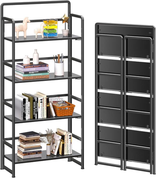4NM No Assembly Foldable Bookshelf, 4-Shelf Collapsible Bookcase Storage for Small Spaces, 54" H, All Black