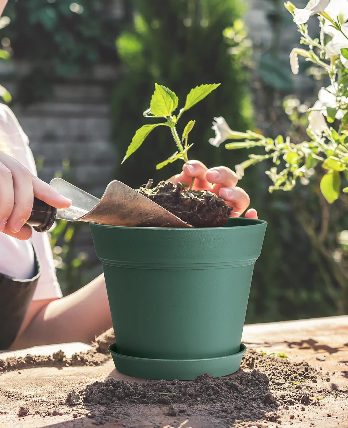 homenote Plant Pots,7.5 Inch Flower Pots for Plants Plastic Planters for Indoor with Multiple Drainage Holes and Trays, for All Home Garden Flowers Succulents,Outdoor(Green,8 Pack)