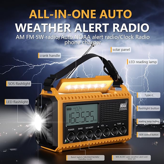 Emergency Radio12000mAh, Weather Radio 6 Ways Powered, Solar Hand Crank Radio Flashlight Cell Phone Charger, AUTO NOAA AM/FM/SW Portable Radio Rechargeable, Reading Lamp, SOS Alarm for Emergencies