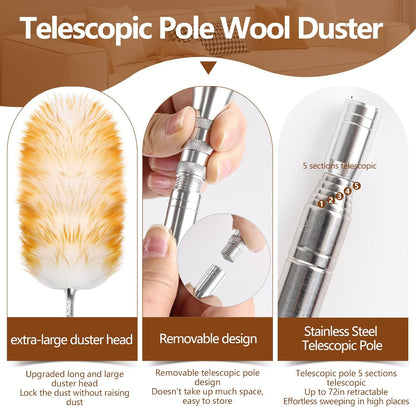 Lambswool Duster for Cleaning with Solid Wooden Handle Leather Hang Strap 87.8" Removable Retractable Feather Duster for Cleaning Ceiling Fans Window Blinds Interior Roof Furniture(2 Pack)