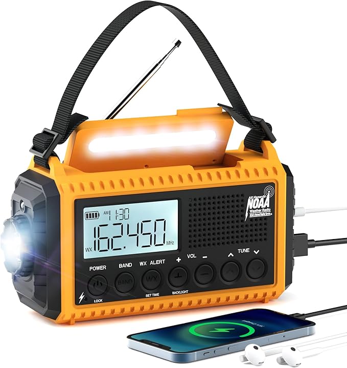 NOAA Emergency Weather Radio - 5000mAh Solar/Hand Crank/Battery AM/FM/SW with USB Charger, LED Flashlight & SOS Alert, Clock, Portable Survival Radio for Power Outage, Hurricanes, Camping