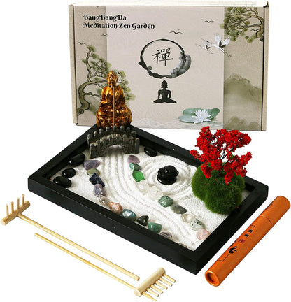 Mini Meditation Zen Garden Kit - Japanese Tabletop Rock Sand Chakra Buddha Garden Home Office Desk Decor Gifts for Father Mother Birthday - Sandbox w/Rake Tool Accessories