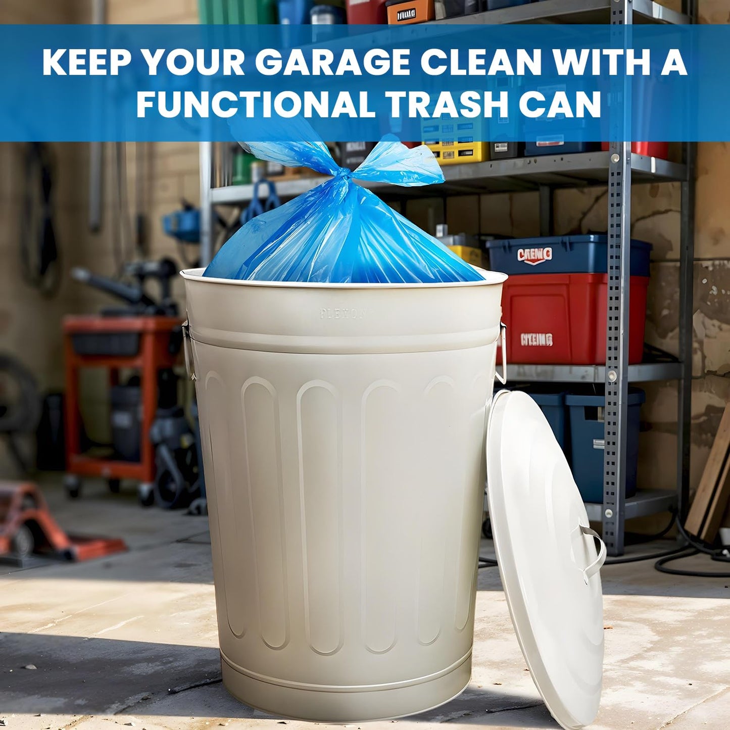 Plexon 13-Gallon Galvanized Steel Round Trash Can with Lid, Indoor and Outdoor Use, Durable Construction, Retro Design, Stylish Beige 2 Pack