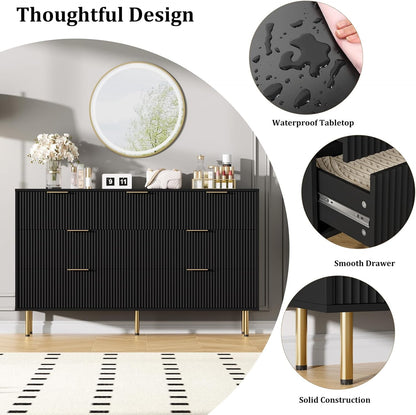 7 Drawers Dresser for Bedroom, Fluted Dresser Chest of Drawers with Gold Handle, Wood Modern Dressers for Closet, Bedroom Furniture Storage Organizer for Living Room, Hallway