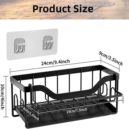 Sponge Holder for Kitchen Sink - Sink Caddy Organizer with Auto Drain Tray, Detachable Towel Rack, Stainless Steel Kitchen Counter Organizer Rack, Black