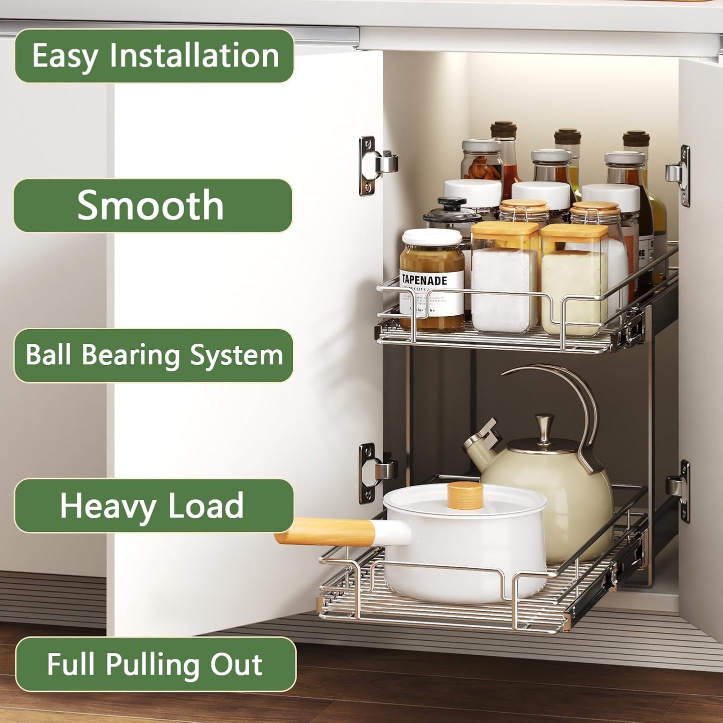 2 Tier Individual Pull Out Cabinet Organizer 16½" W x 21½" D, Heavy Duty Cabinet Pull Out Shelves, Slide Out Drawers Organization for Kitchen Cabinets Bathroom