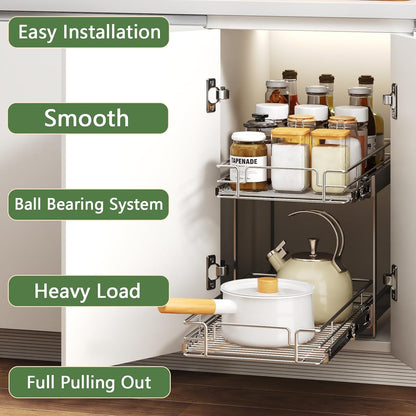 2 Tier Individual Pull Out Cabinet Organizer 10½" W x 18" D, Heavy Duty Cabinet Pull Out Shelves, Slide Out Drawers Organization for Kitchen Cabinets Bathroom