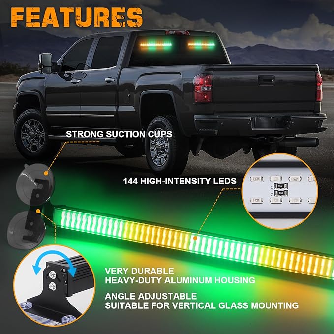 XRIDONSEN 2 in 1 Amber Green Emergency Lights Traffic Advisor Light Bar 144 LED Warning Safety Strobe Interior Front Dash Windshield Rear Window Lights for Trucks Construction Vehicles (2x17.7 inch)