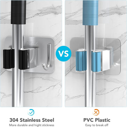 Mop Broom Holder No Drill, Mop Broom Organizer Wall Mounted Heavy Duty with Hooks Hanger, Self Adhesive Stainless Steel 4Pcs for Bathroom, Kitchen, Office (Multicolor)