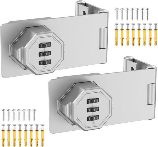 90 Degree 3-Digit Combination Cabinet Lock, Zinc Alloy Keyless Folding Hasp Lock Latch, Password Security Rotary Door Latch for Office File Cabinet, Drawer, Locker, Cupboard (2, Silver)