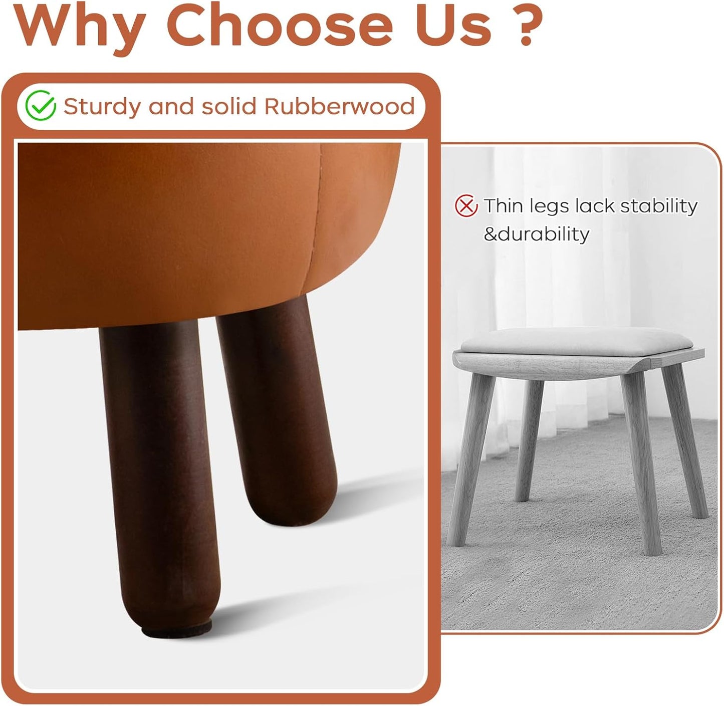 Small Foot Stool, Round Faux Leather Pouf Ottoman Foot Rest, Footstool Ottomans with Rubber Legs Under Desk, 13''L x 13''W x 10.2''H, Footrest for Couch, Living Room, Bedroom, Hallway, Brown