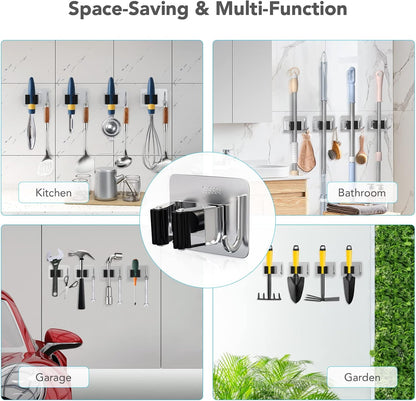 Mop Broom Holder No Drill, Mop Broom Organizer Wall Mounted Heavy Duty with Hooks Hanger, Self Adhesive Stainless Steel 4Pcs for Bathroom, Kitchen, Office (Multicolor)