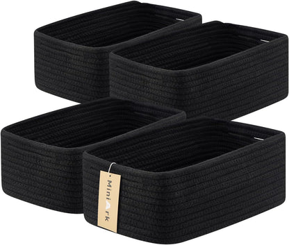 Small Storage Baskets for Organizing | Closet Organizer Bins | Shelf Toy Basket | Woven Rope Baskets | Cube Decorative Box | Shallow Basket | 13x8.5x5.1” | 4 Packs Black