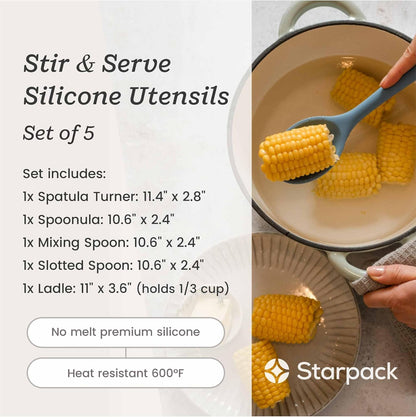 Starpack 'Stir & Serve' Silicone Cooking Utensils Set (5 Pcs) - Kitchen Utensil Set Heat Resistant to 600°F - Kitchen Utensils for Nonstick Cookware - Silicone Utensil Set for Mixing & Cooking