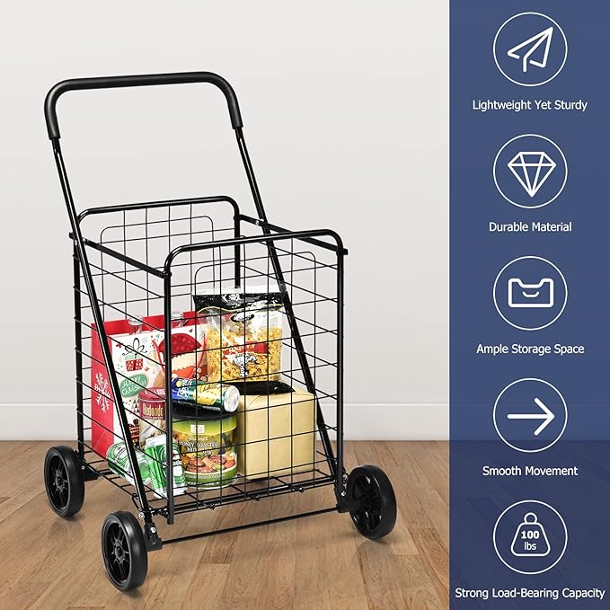 Goplus Shopping Carts for Groceries, Heavy Duty Folding Shopping Cart with Wheels, Portable Collapsible Grocery Cart, Light Weight Foldable Utility Cart for Laundry