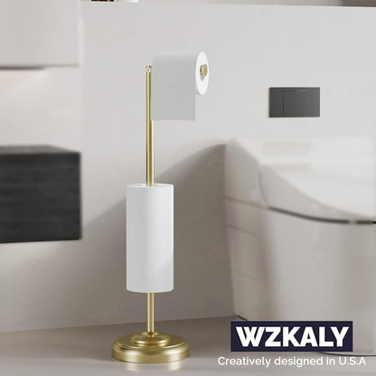 Freestanding Toilet Paper Holder Stand with Storage – Holds 4 Extra Rolls – Brushed Gold Toilet Paper Holder for Bathroom – Sturdy Base, Classic Retro Style, Space-Saving Bathroom Storage