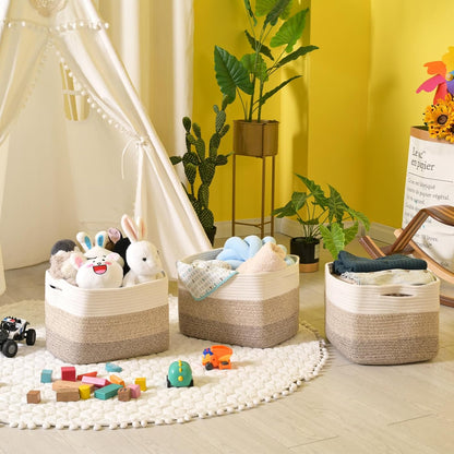 Storage Baskets for Organizing Shelves, Woven Cotton Rope Bins for Baby Nursery Organization, Book Toy Towel Organizer, 15"x11"x9.5", 3 Packs, Gradient Brown