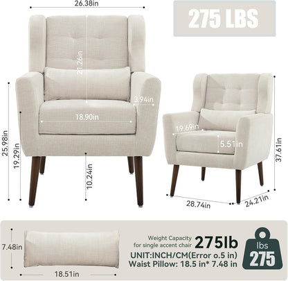 Modern Accent Chair, Upholstered Armchair with Pillow, Fabric Single Sofa Chair with Lounge Seat and Wood Legs Accent Chair for Living Room Bedroom Small Spaces (Beige, Set of 1)